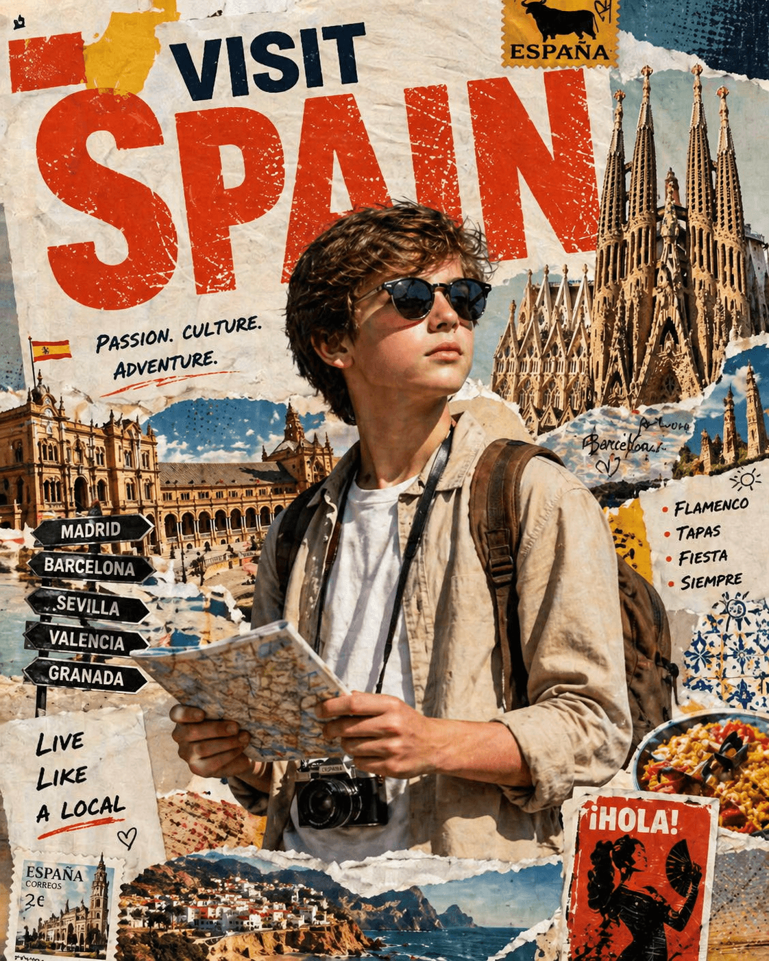 Stylized Travel Poster Collage of a Tourist