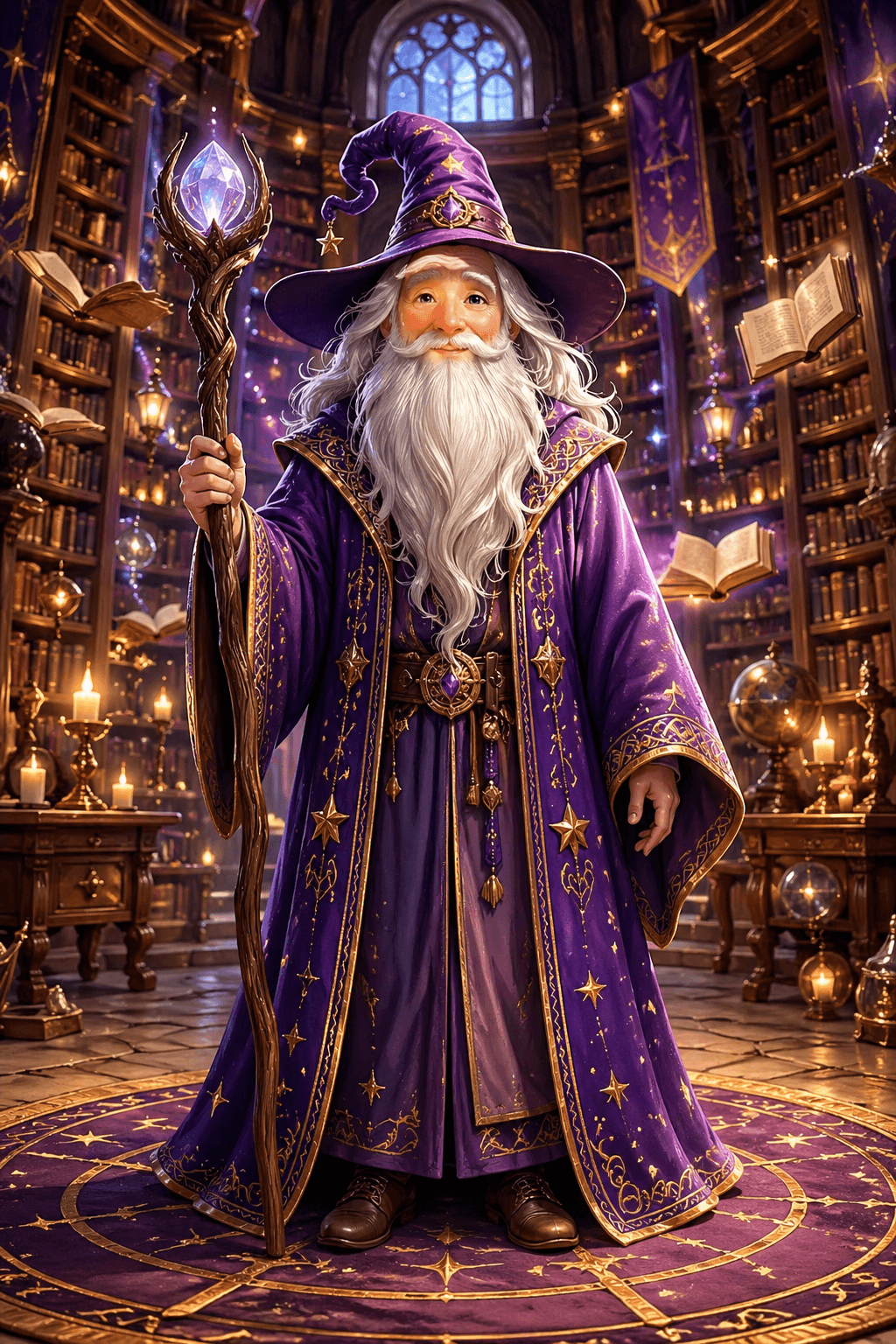 Full-body front view of a kind elderly wizard with a long flowing silver beard and warm twinklin