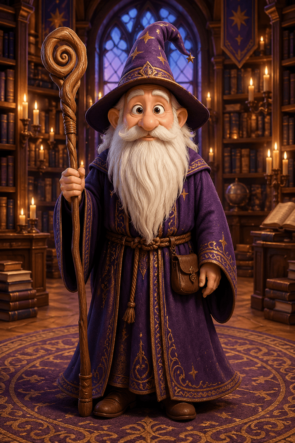 A full-body front view of a cute elderly wizard with a long, fluffy white beard and big expressi
