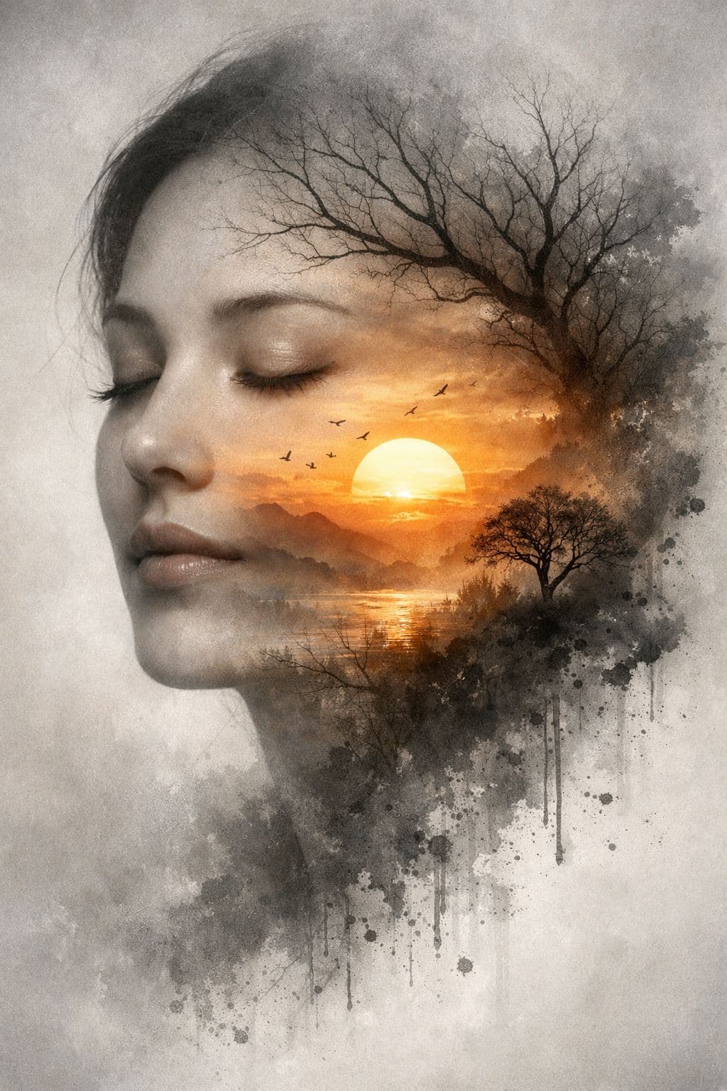 Surreal double exposure portrait of a serene woman’s face, soft and minimal features, eyes close