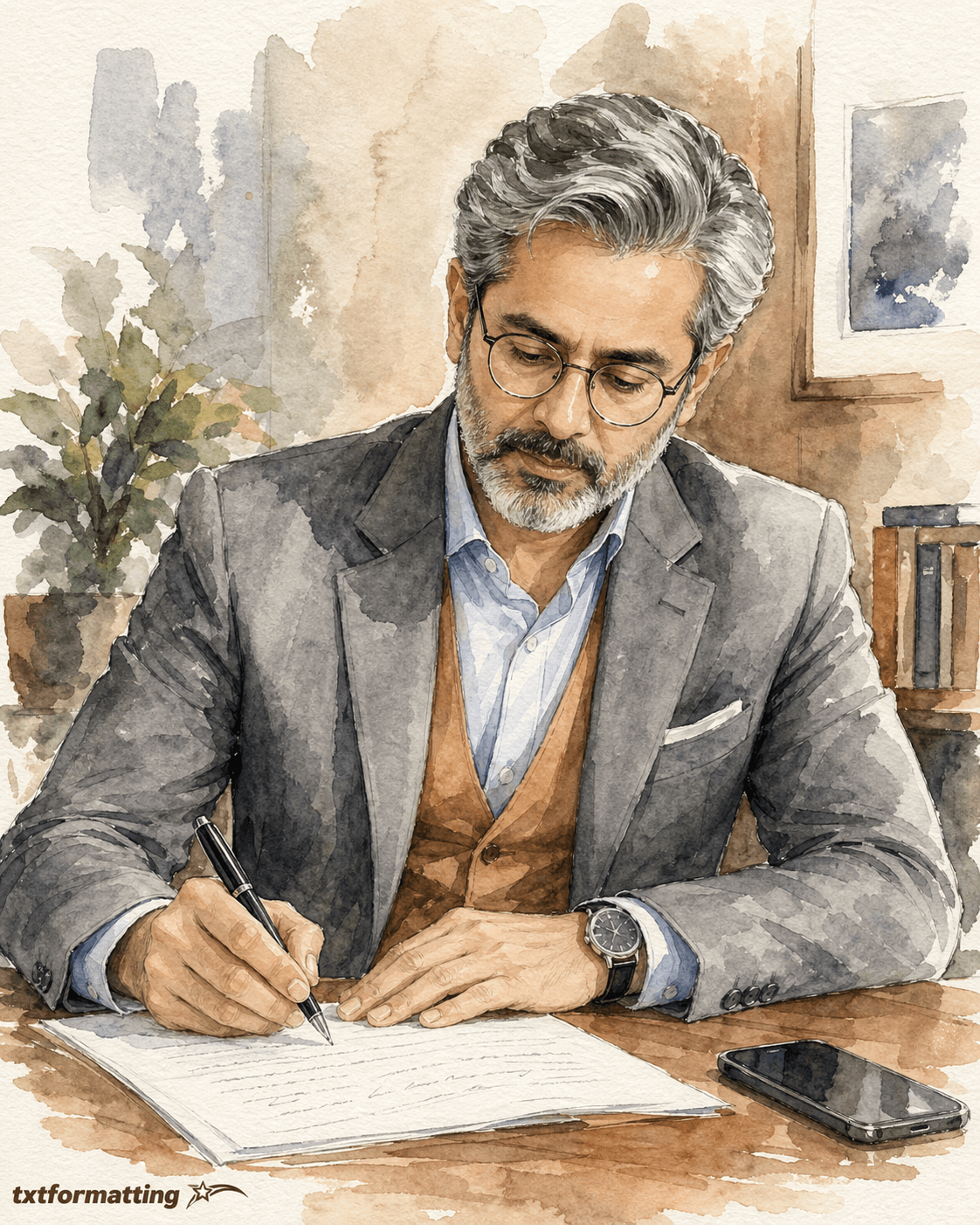 Watercolor Portrait of a Man Writing at a Desk