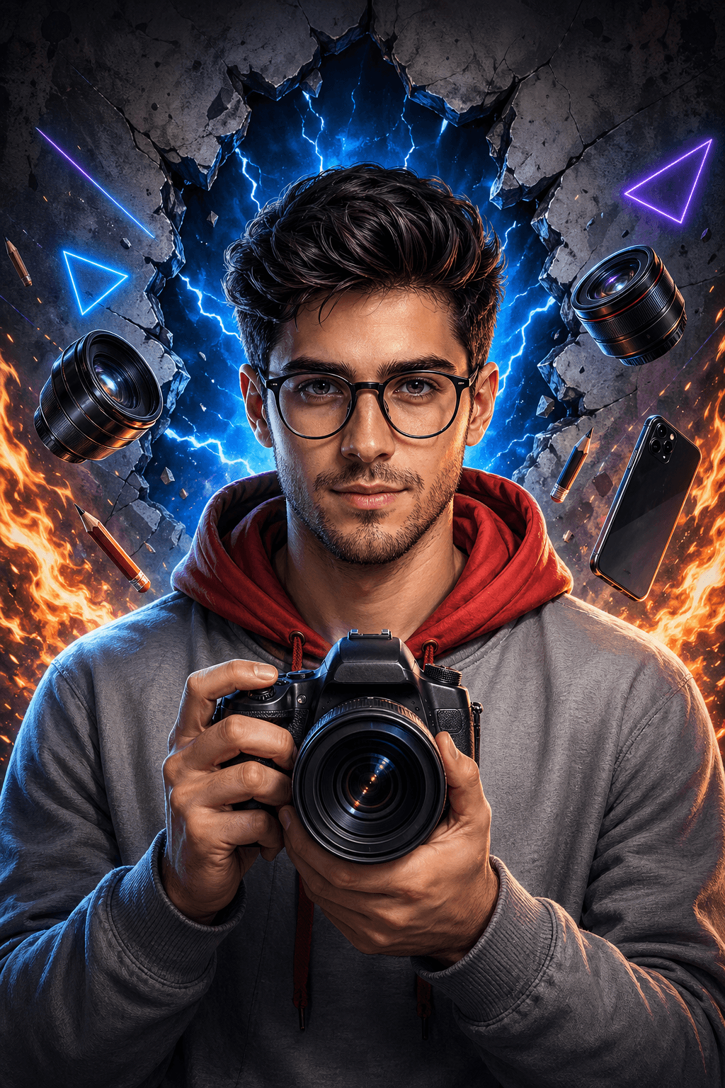 A highly detailed, semi-realistic digital illustration of a young male content creator, centered