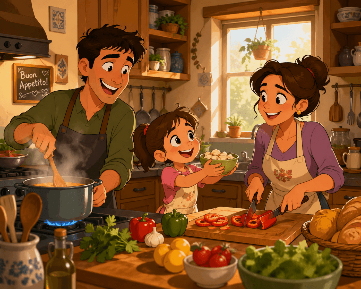 A warm and lively 2D animated cartoon-style scene set in a cozy family kitchen filled with activ