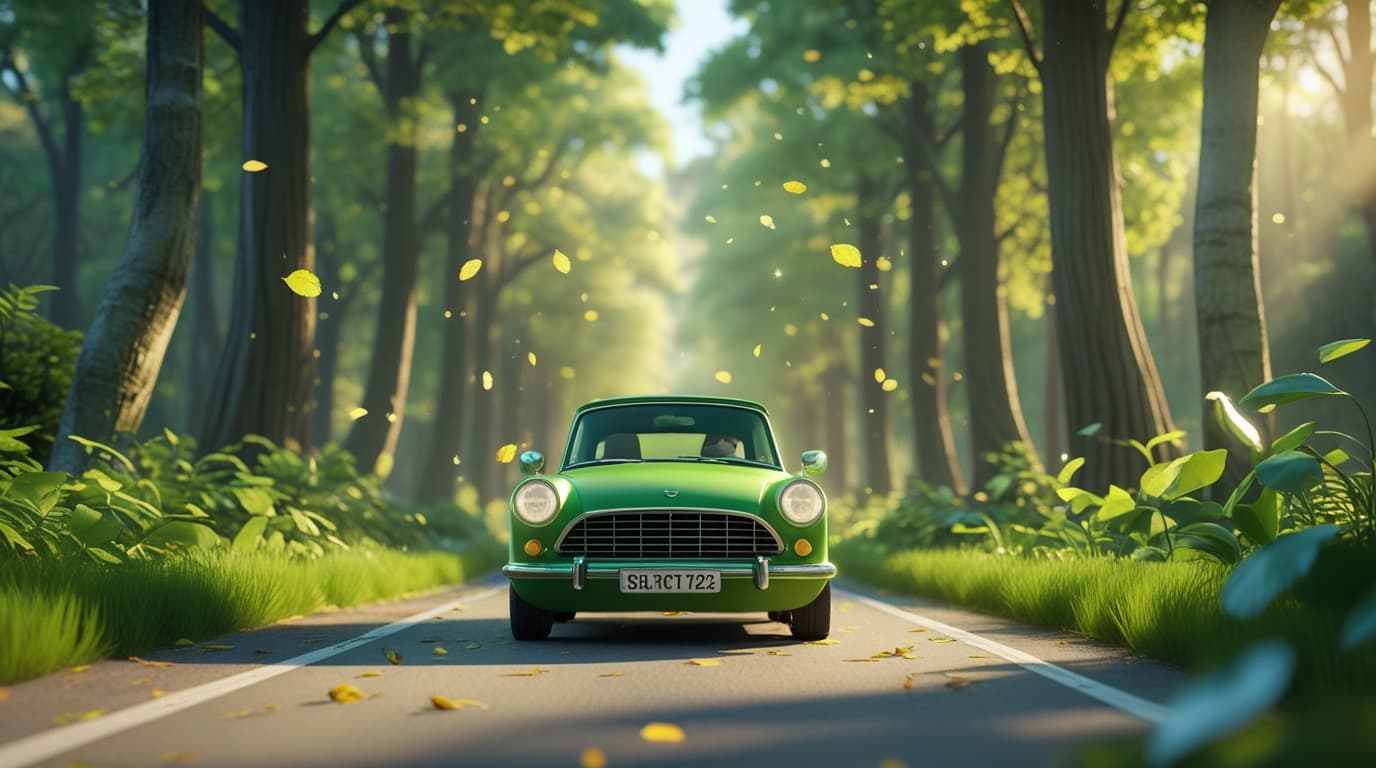 3D Cartoon Green Car on a Forest Road