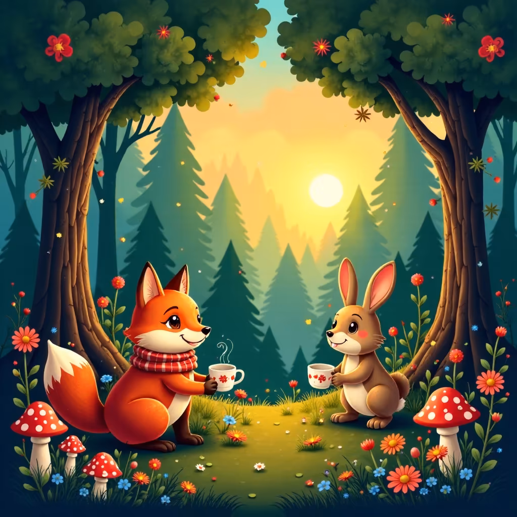 Whimsical Cartoon Forest with Friendly Animals