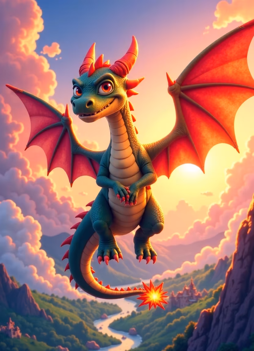 Cartoon Dragon Soaring Through a Sunset Sky