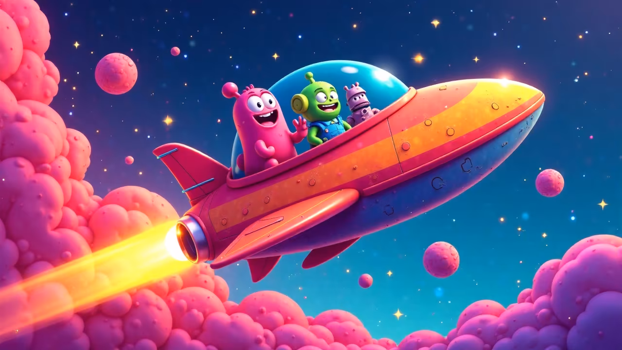 Cartoon Space Adventure with a Quirky Spaceship