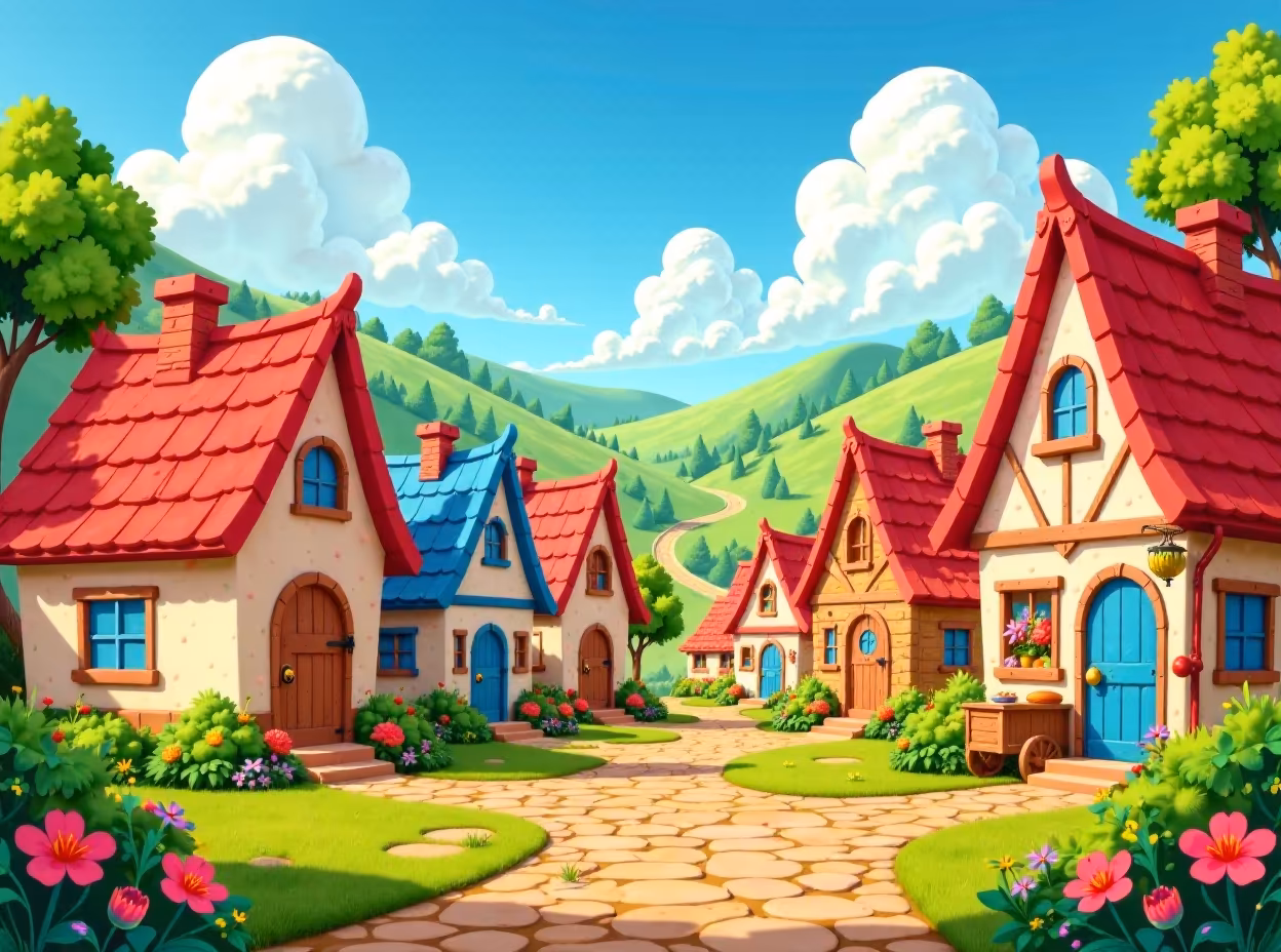 Charming Cartoon Village with Cobblestone Streets