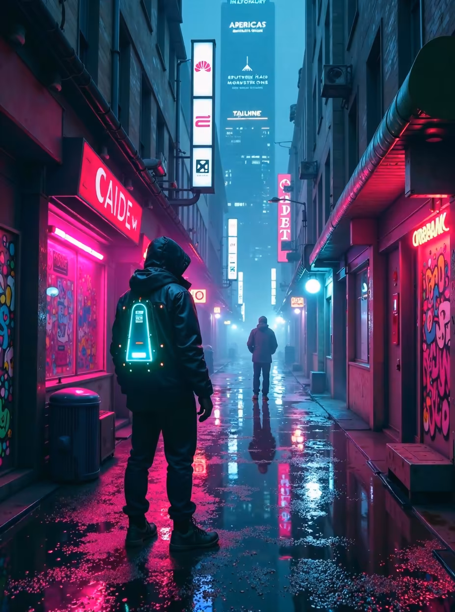Bustling Cyberpunk Alleyway in Neon Light