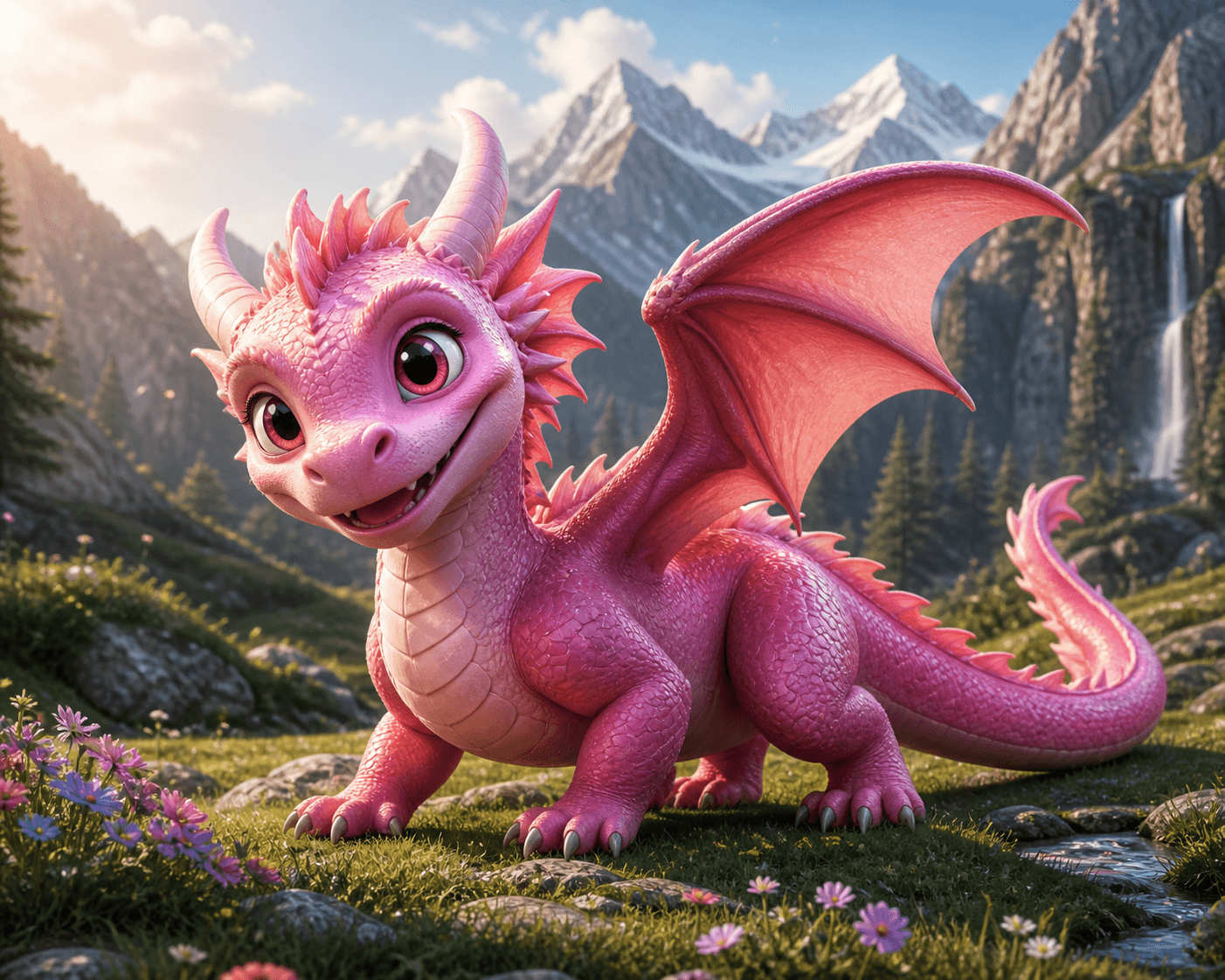 Cute Pink Dragon in 3D Cartoon Style