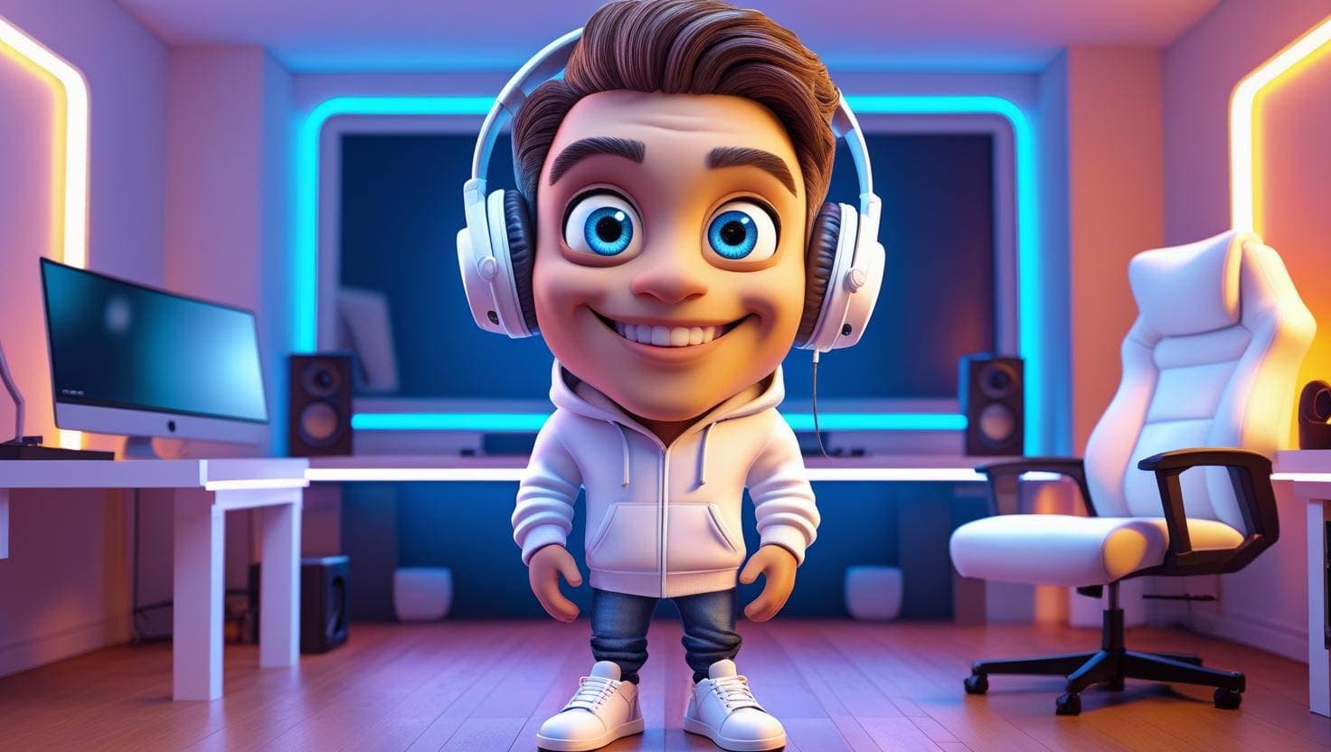 3D Cartoon Gamer in a Neon Gaming Room