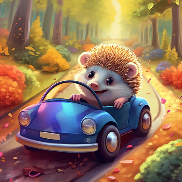 Cartoon Hedgehog Driving a Sports Car