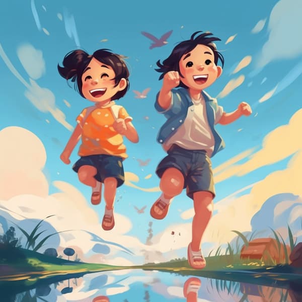 Asian Kids Playing with Water and Dogs